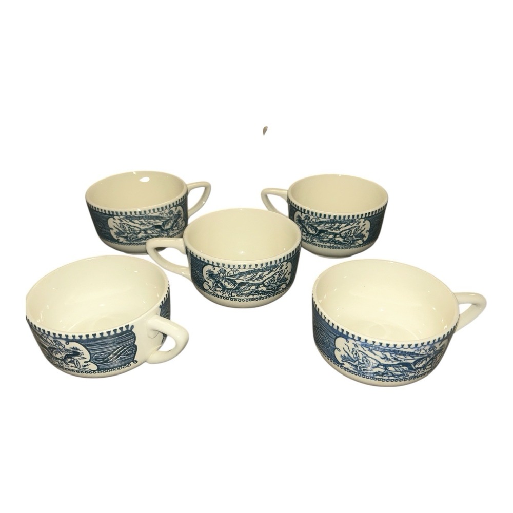 Currier & Ives Style Blue White Transferware Coffee Cups Set of 5 Vintage
